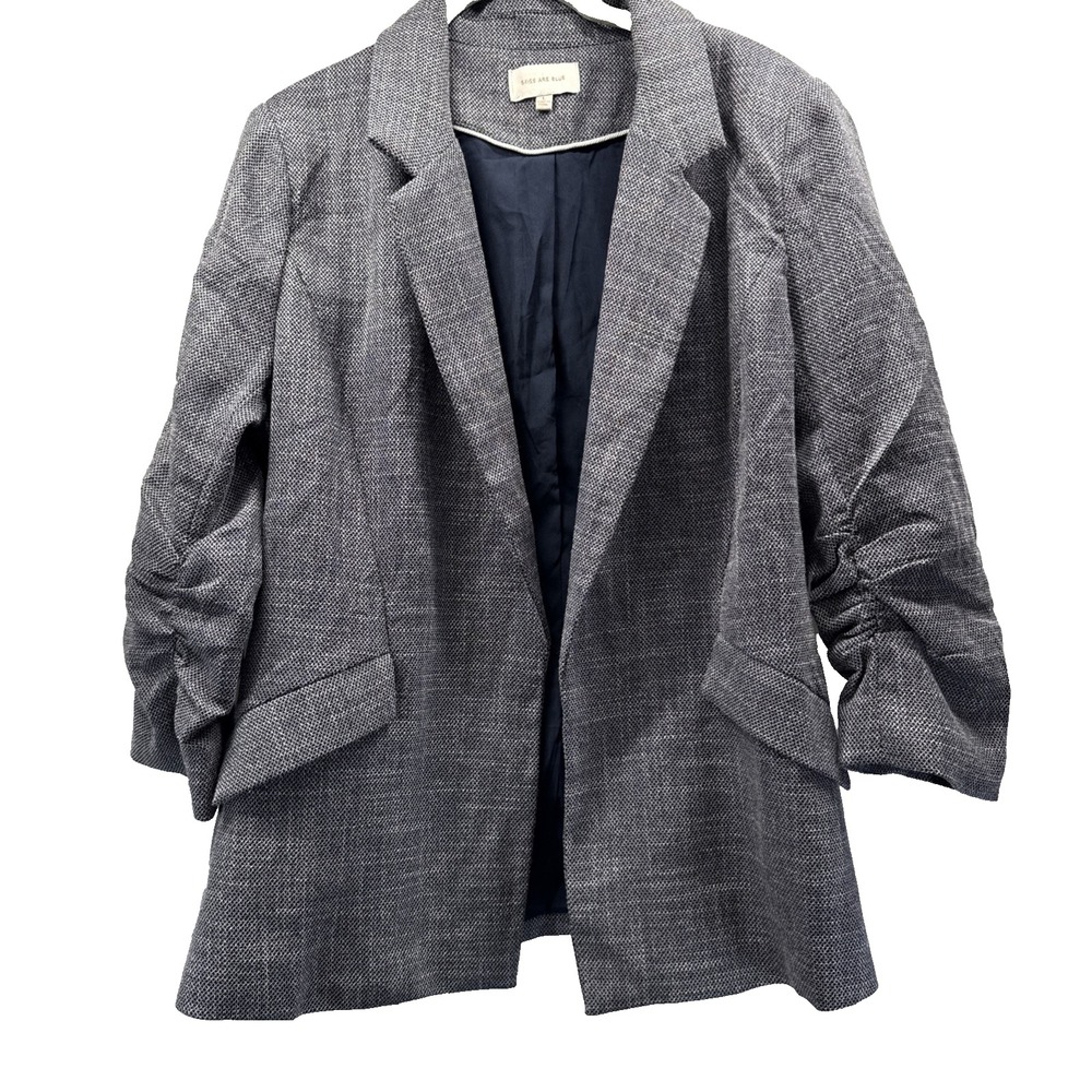 Skies Are Blue Women's Jacket Size Large 3/4 Ruched Sleeves Blue Lined Open